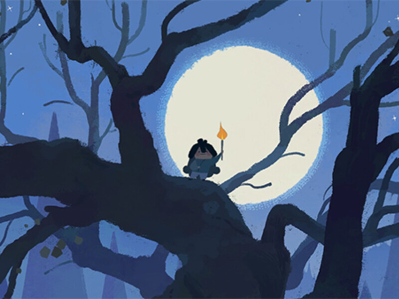 A silhouetted figure holding a candle sits on a large tree branch with a glowing full moon in the background.