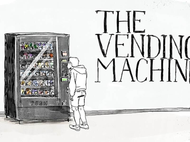 Illustration of a vending machine and a person interacting with it, with the words "THE VENDING MACHINE" in large letters beside it.