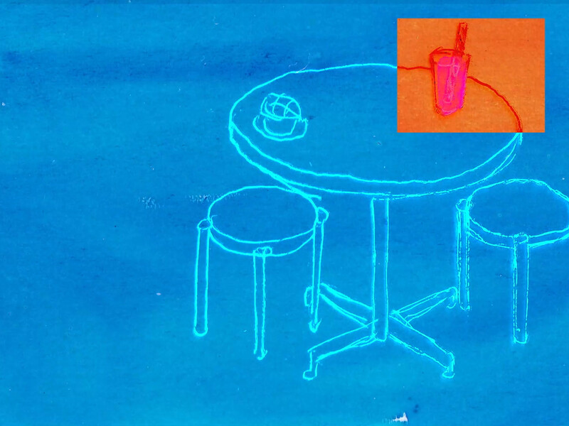 Blue animation of a table and chairs with an orange square cut out