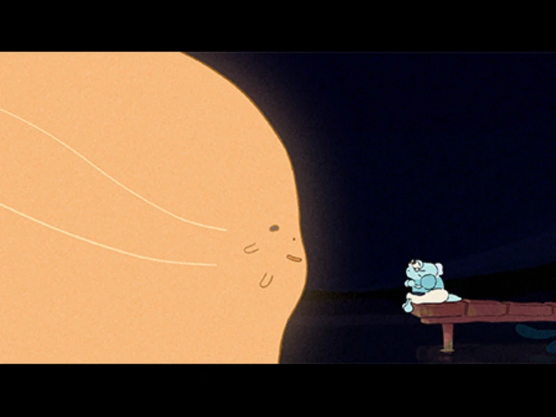 Large orange figure facing small blue character on a wooden dock at night.