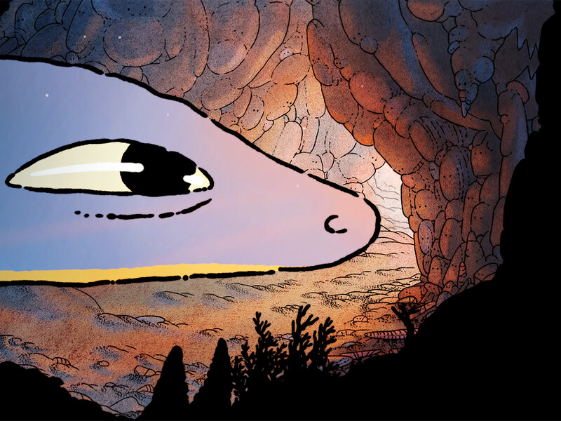 Animation of a snake looking through a small opening in a cave