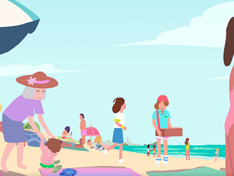 A beach scene with various people, including a woman with a pink hat bending towards a child, a girl, and a woman carrying a box.