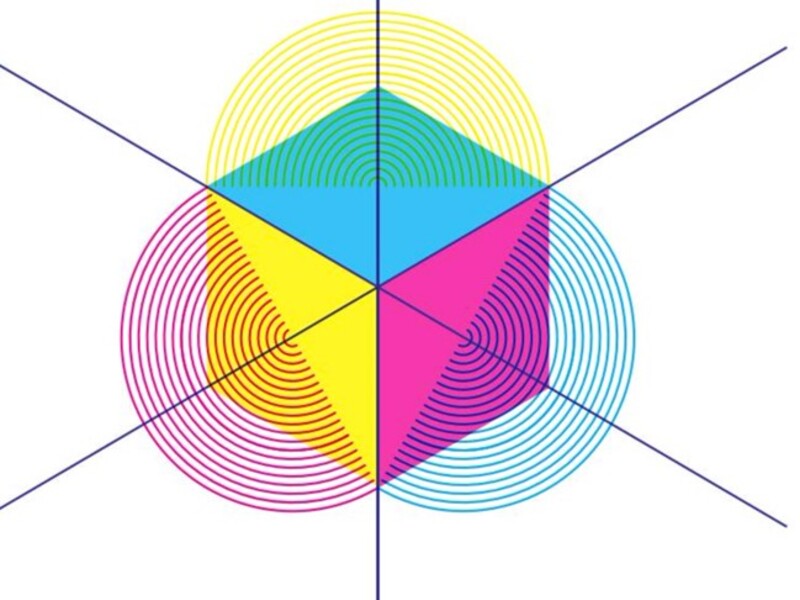 Colorful geometric design with intersecting circles and triangles. Text: "California Institute of the Arts, Aesthetics & Politics 2015-17, in|DECISIVE|form."