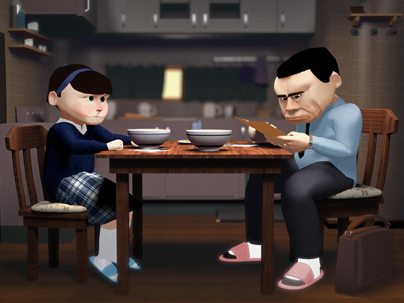 Animated scene of a sad girl and a stern man seated at a table in a kitchen.