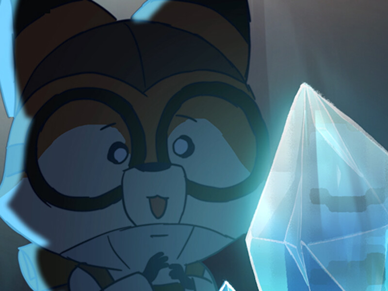 Animated panda character looking curiously at a glowing blue crystal.