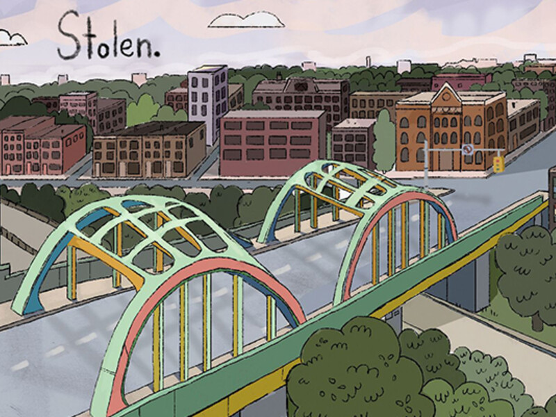 Cartoon of a city with two arching bridges and various buildings; the word "Stolen" is written at the top left.