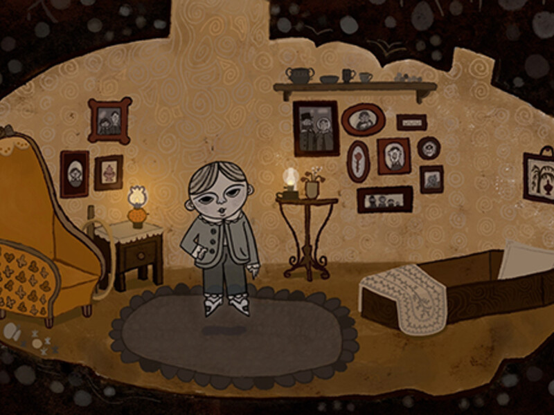 A small character stands in a cozy room with warm brown tones, decorated with a high-backed yellow armchair, a rug, framed pictures on the wall, a small table with a lamp, and a bed.