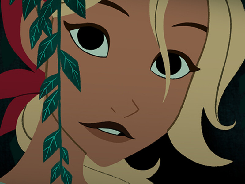 Close-up of an animated character's face with blond hair and expressive eyes, peering through foliage.