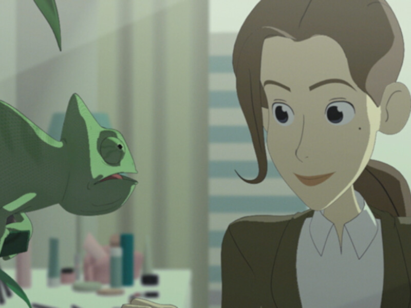 Animated scene of a young woman and a chameleon.