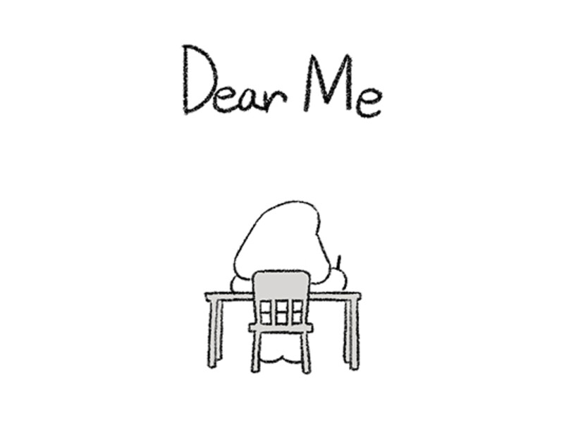 Minimalist illustration of a person writing at a desk with the text "Dear Me" above.