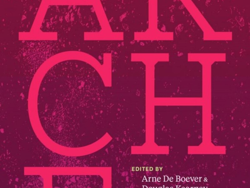 Book cover with the title "ARCHE" in large pink letters on a red speckled background.