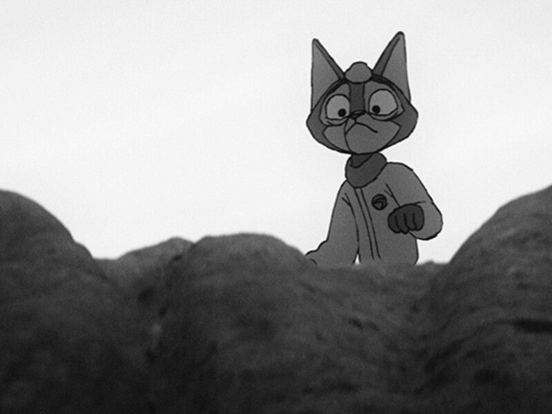 Animated cat character in a jumpsuit stands on a rocky surface, viewed from below in grayscale.