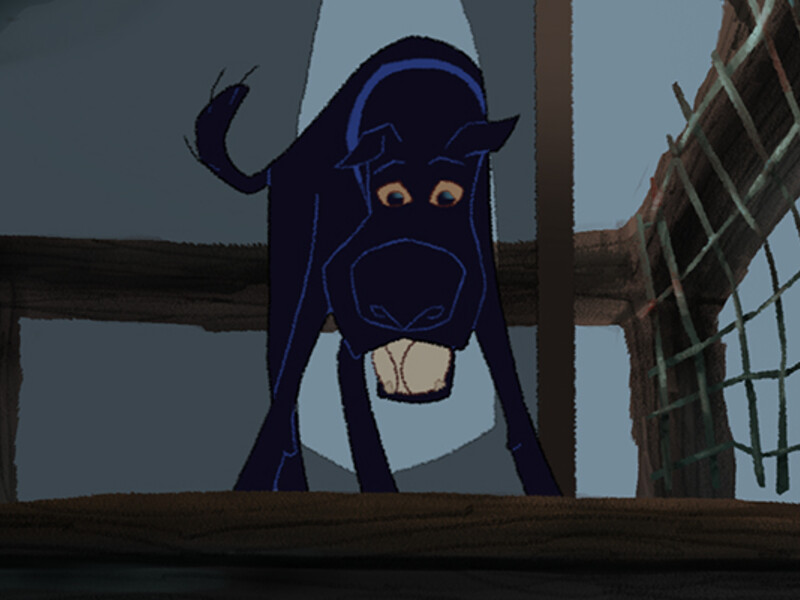 Animated dark blue cow with large eyes and wide grin standing on a wooden surface, with part of a wooden structure and net in the background.