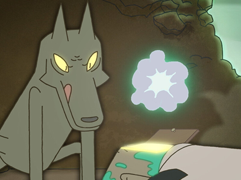 Animated gray wolf with glowing yellow eyes facing a luminescent purple cloud with a white starburst in a cave-like setting.