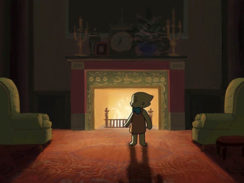 Animated figure in front of a fireplace, flanked by green armchairs in a warmly lit room.