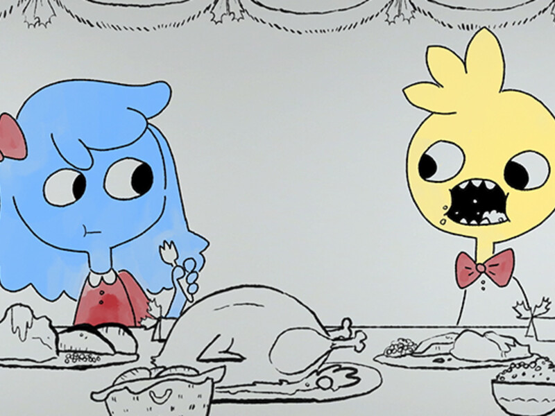 Cartoon characters at dinner table with a roasted turkey.