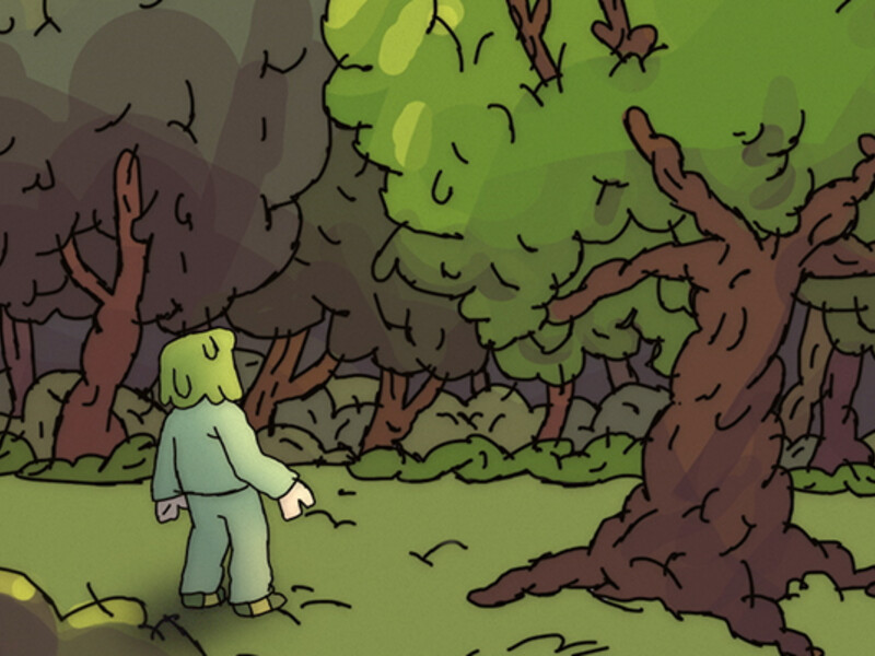 Cartoon of a person with green hair facing a large, gnarled tree in a dense forest.