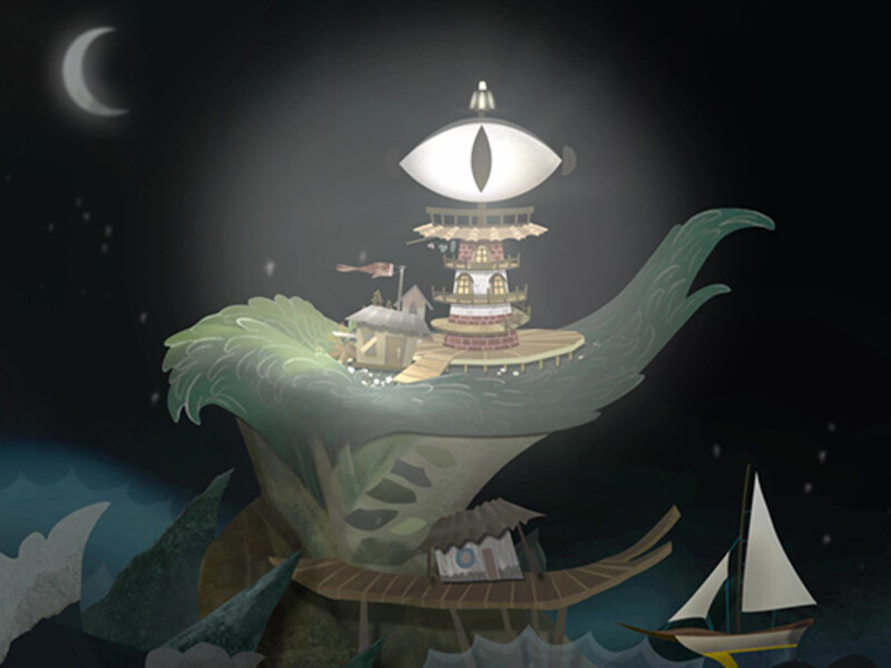 Building with a giant eye on top, perched on a leaf-like structure above a boat, under a crescent moon.