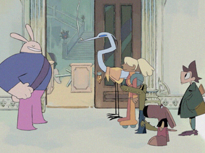 Animated scene with five characters, including a pink rabbit, a blue stork, and three humanoid figures, standing in front of a detailed doorway.