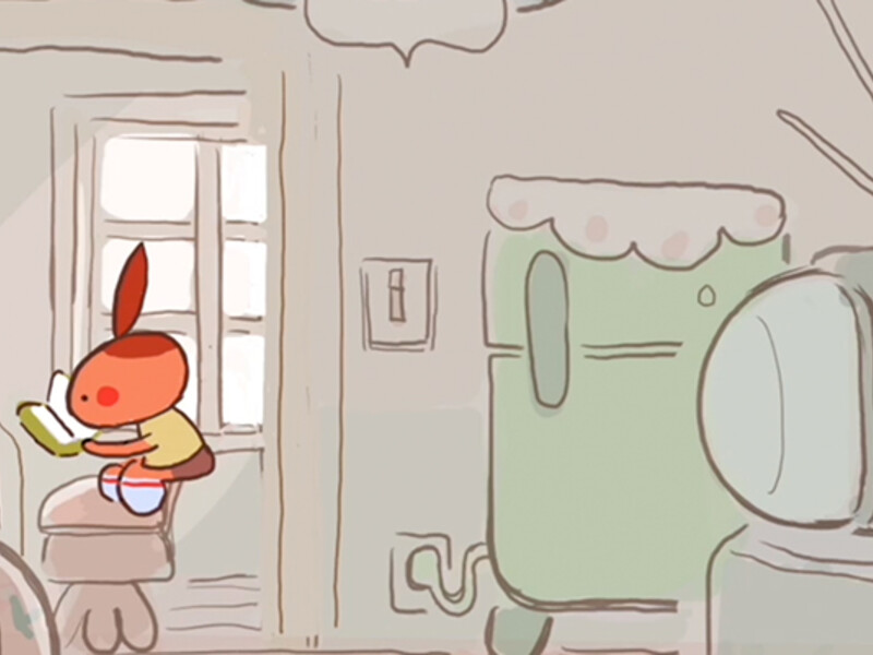 Illustration of a small character with red bunny ears reading a book on a stool next to a refrigerator and an old-fashioned TV.