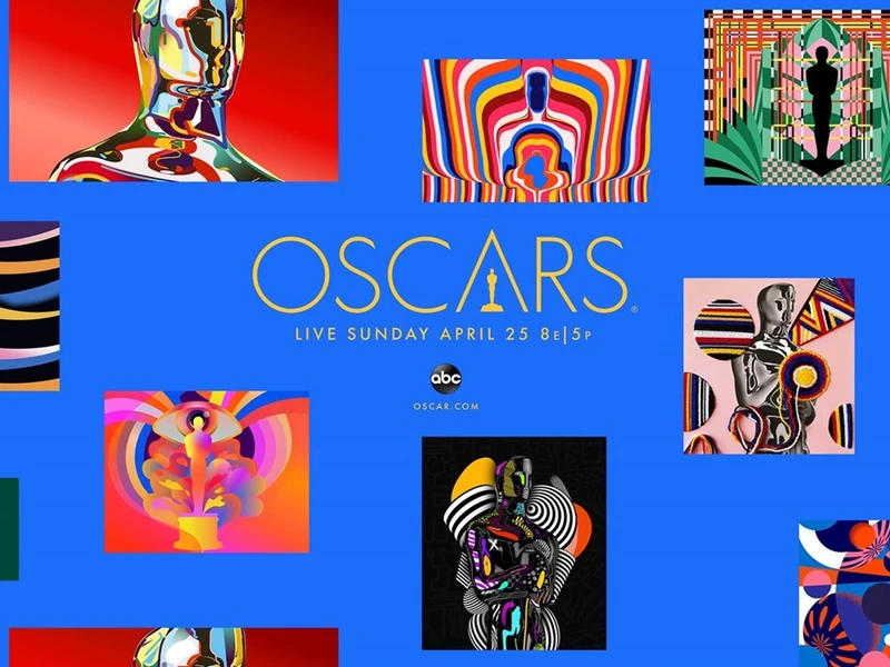 Colorful Oscars promotional graphic with abstract images and central gold text.