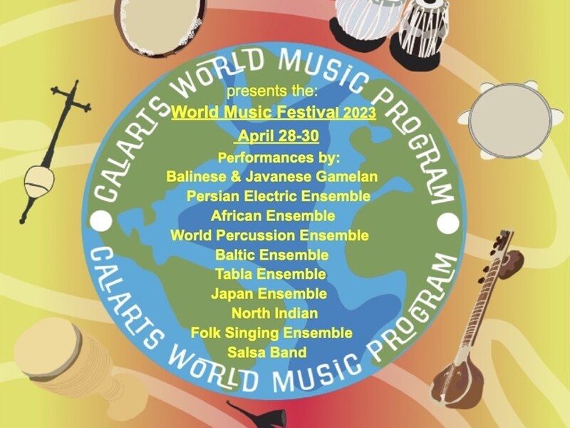 Promotional graphic for World Music Festival 2023 with central Earth emblem, festival details, and musical instruments surrounding it.