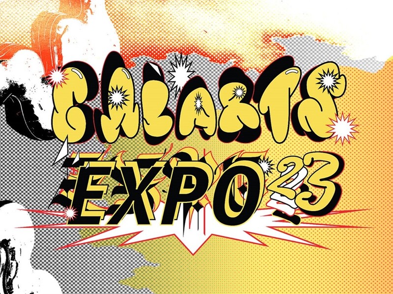 Comic-style graphic with "CALARTS EXPO '23" in bold yellow letters on a textured orange and gray background.