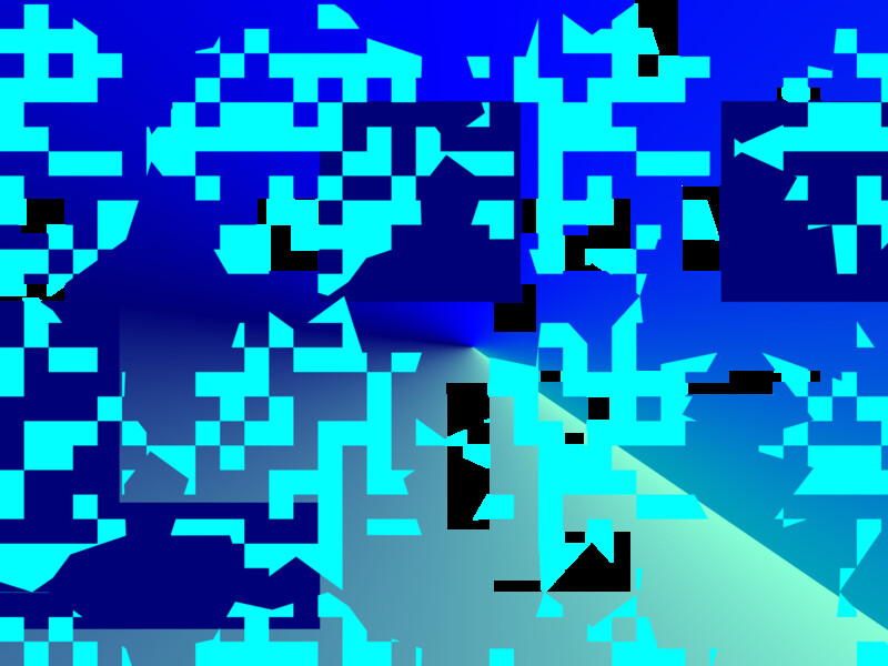 Abstract geometric pattern with turquoise and black shapes on a gradient blue background.