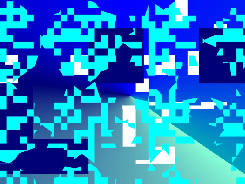 Abstract geometric pattern with turquoise and black shapes on a gradient blue background.