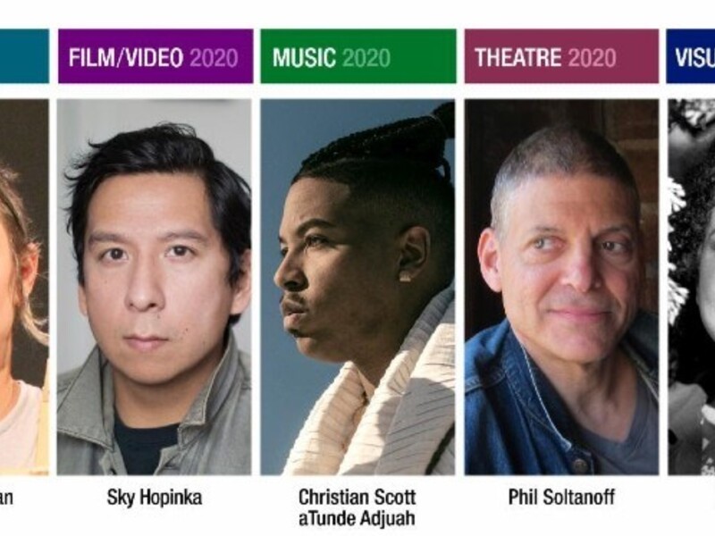 A collage of five portraits labeled with artistic fields and "2020" above each.