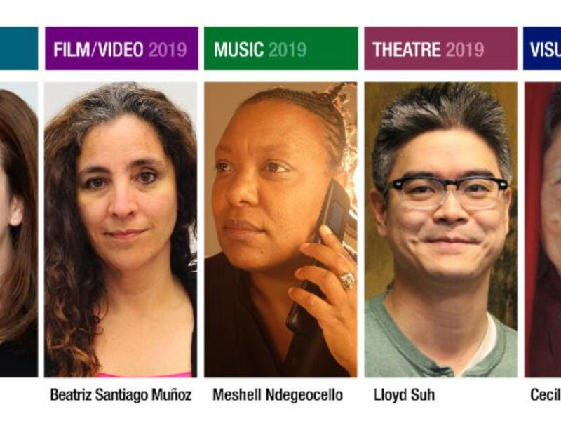 A collage of five individuals representing different arts: dance, film/video, music, theatre, and visual arts, each labeled with their category and year.