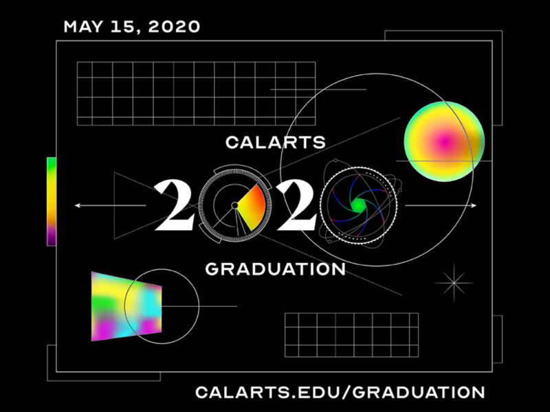 CalArts Graduation 2020 digital design with geometric and colorful elements on a black background.