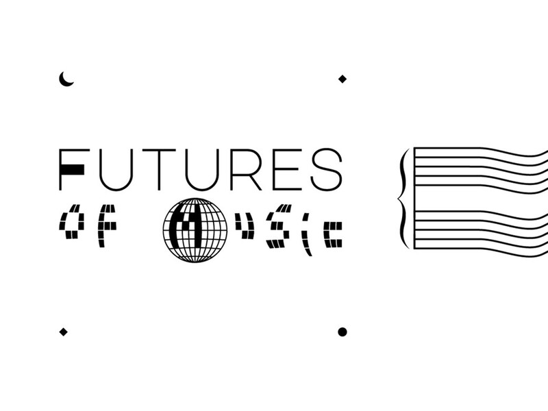 Modern black and white graphic with the text "FUTURES OF MUSIC" and abstract wavy line design.