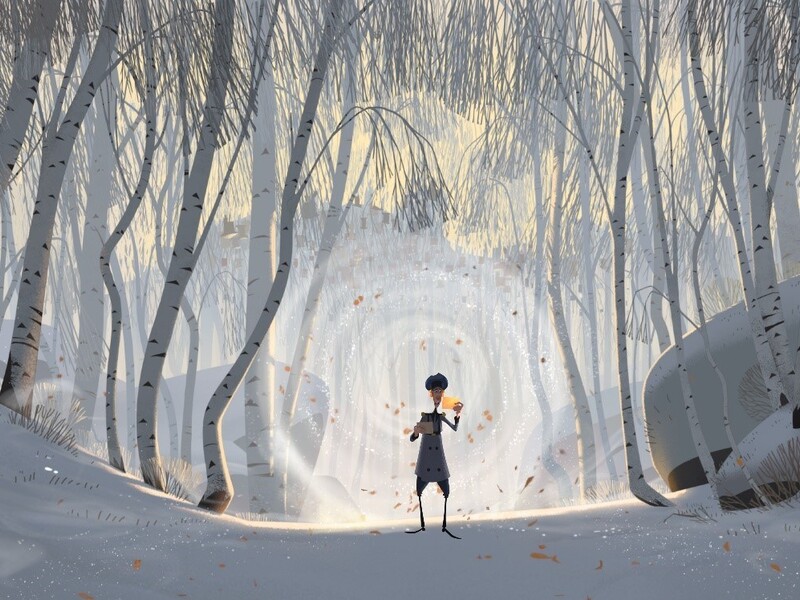 A snowy forest path with birch trees and a figure holding a glowing object.