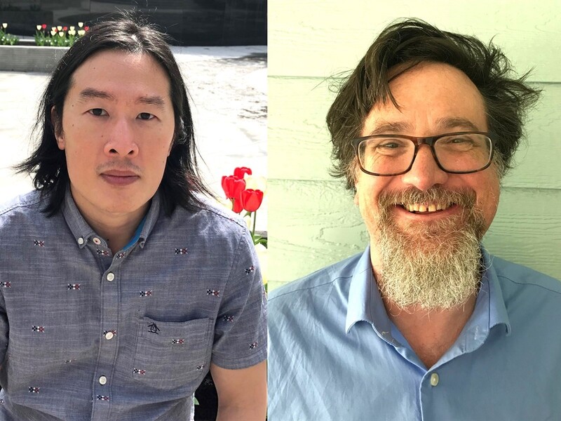 Split-frame portrait of two people, one with dark hair and a grey shirt, the other with glasses and a light blue shirt.