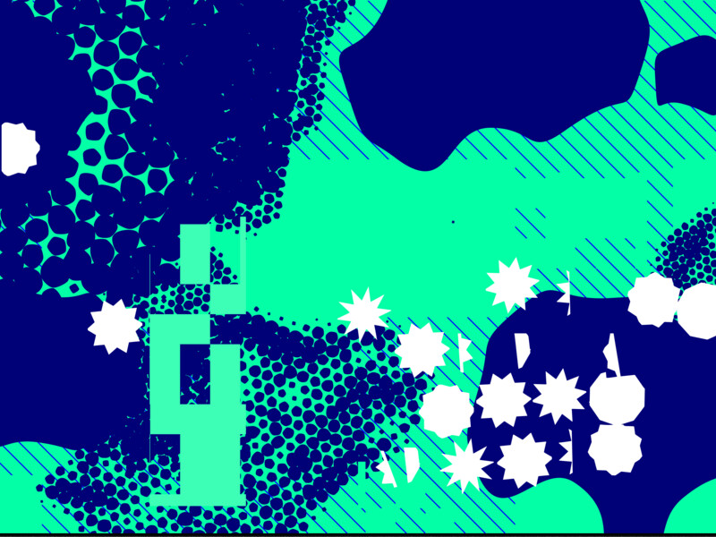 Abstract image with navy shapes, cyan stripes, black dots, white starbursts, and blue squares.