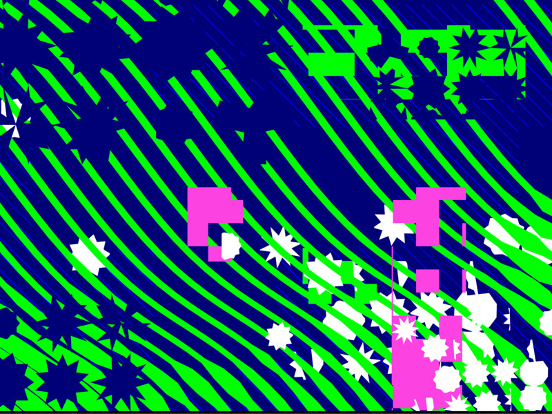 Abstract image with diagonal green and blue stripes, starbursts, and pink squares.