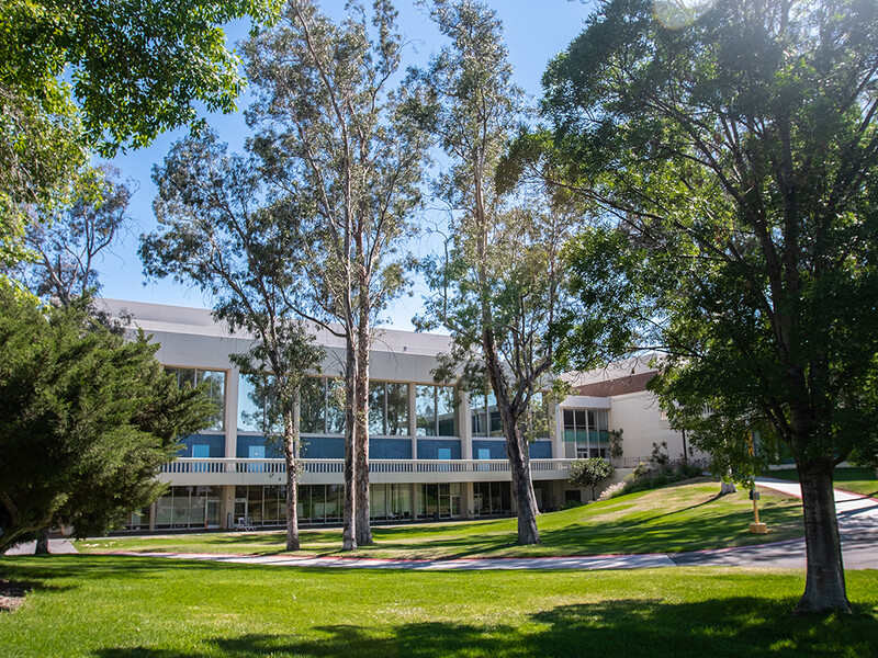 A white modern building with large windows surrounded by trees and a green lawn on a sunny day.