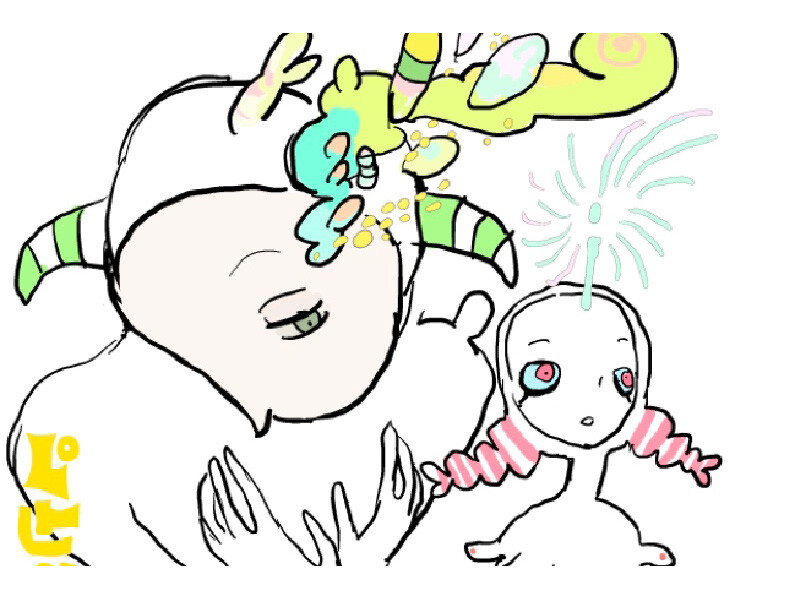 Abstract drawing of two whimsical characters with colorful horns and braids.