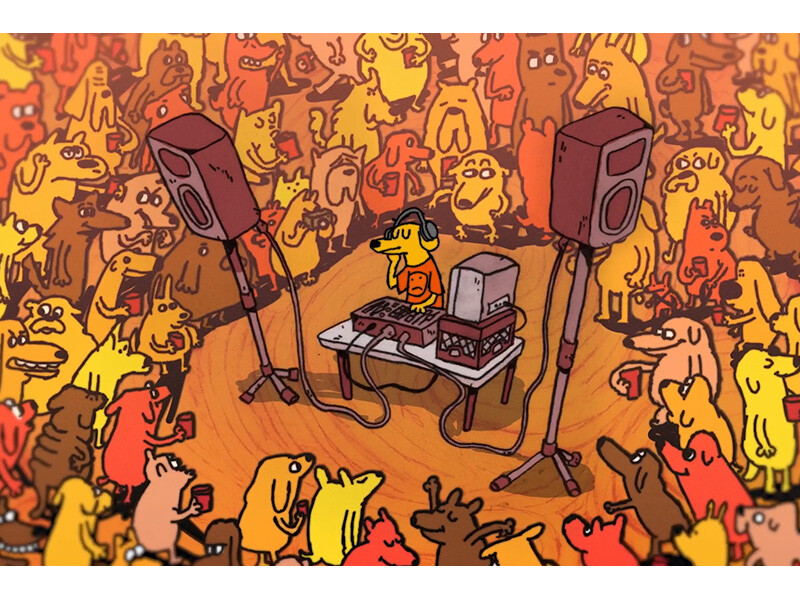 Cartoon of a dog DJ playing music at a party surrounded by a crowd of colorful dogs.