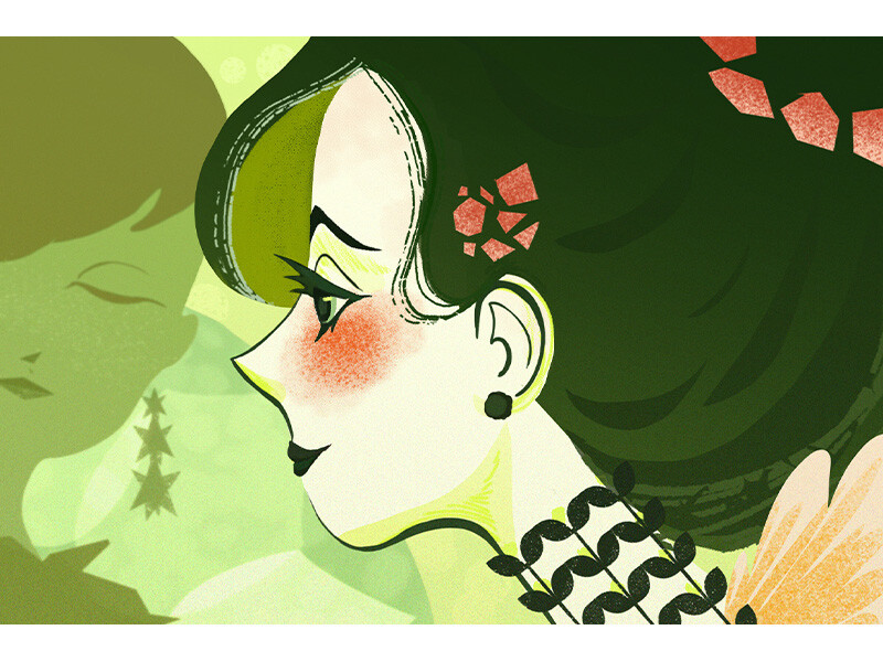 Stylized illustration of a woman's profile with green and orange hues, featuring geometric hair ornaments and a mirrored silhouette in the background.