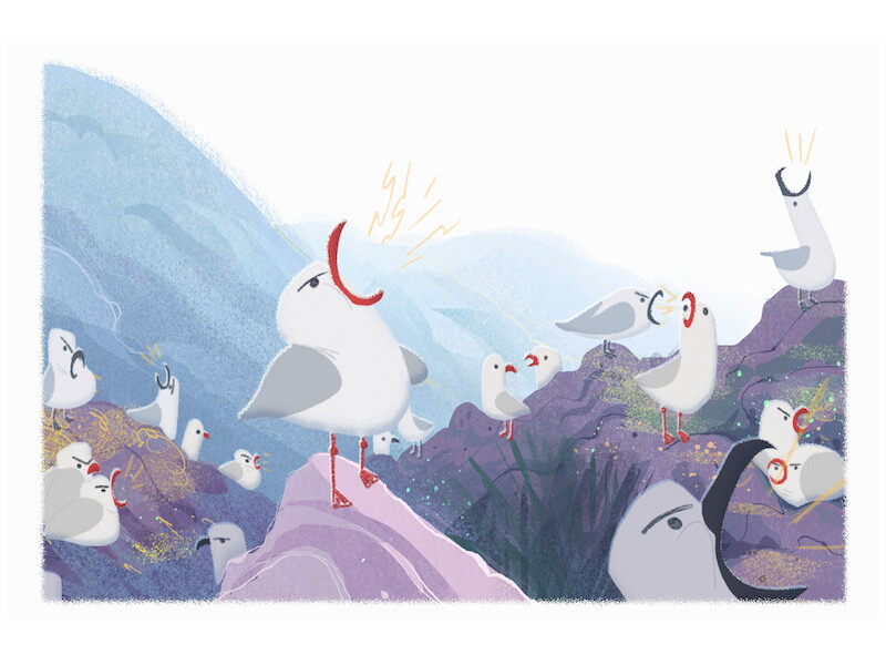 A group of animated seagulls on rocky coastal terrain with one prominently calling.