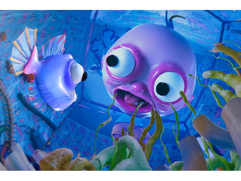 Surreal underwater scene with a large purple fish-like character and a smaller blue fish.