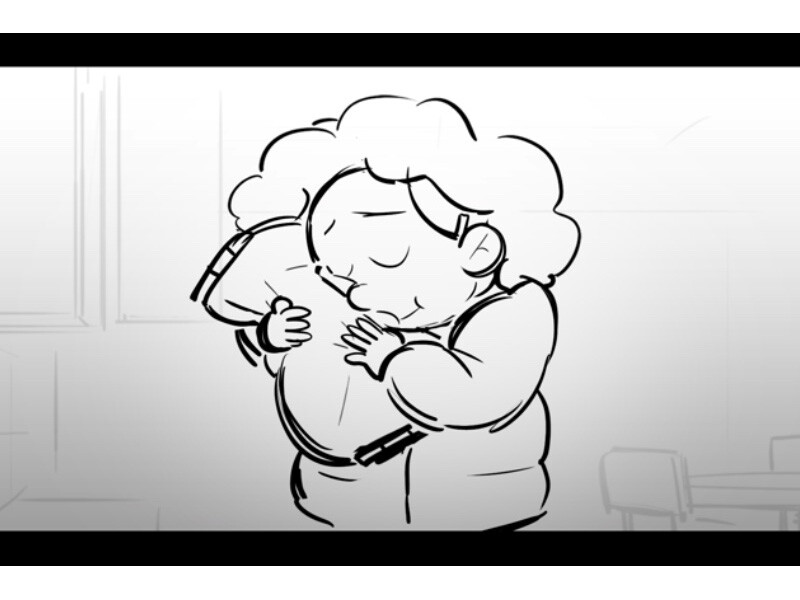 Sketch of a person with curly hair hugging another figure.