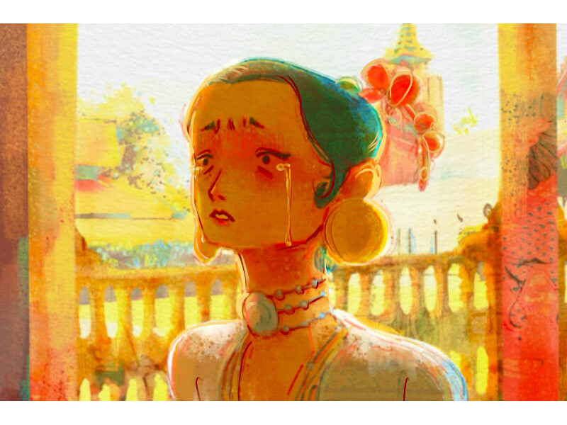 A stylized illustration of a person with large earrings, looking upwards with a sad expression, against a sunny outdoor background.