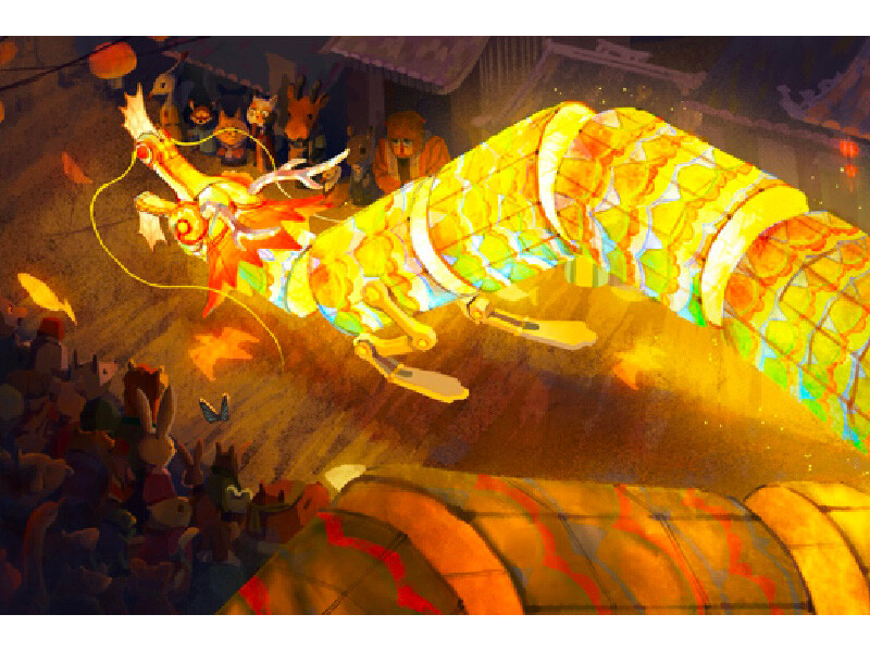 A colorful, illuminated dragon figure moves through a crowd of cartoon animals at night.