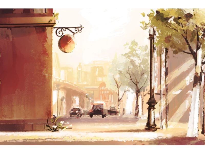 An urban street scene with a red-brown building, vehicles, trees, and a street lamp.