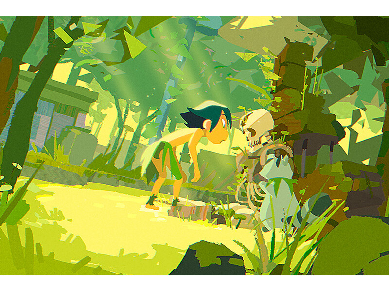 Animated scene of a person examining a skeleton in a lush, sunlit forest.