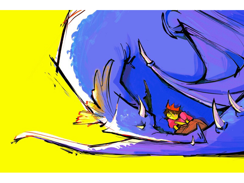 A blue dragon curled around a sleeping figure wearing red and a small crown against a yellow background.