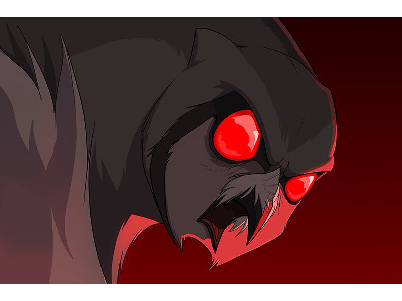 Dark creature with glowing red eyes and a beak against a red background.